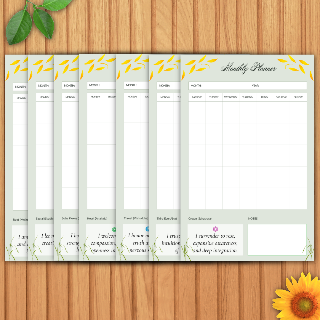 Undated 7-Chakra Monthly Planner Printable Collection | Soft Sage Botanical Dashboards (21 Half-Letter PDFs) - Image 4