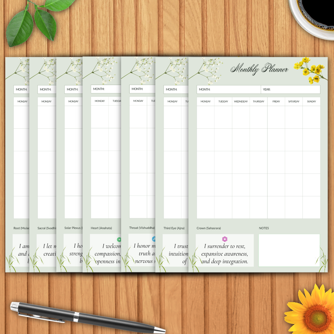 Undated 7-Chakra Monthly Planner Printable Collection | Soft Sage Botanical Dashboards (21 Half-Letter PDFs) - Image 3