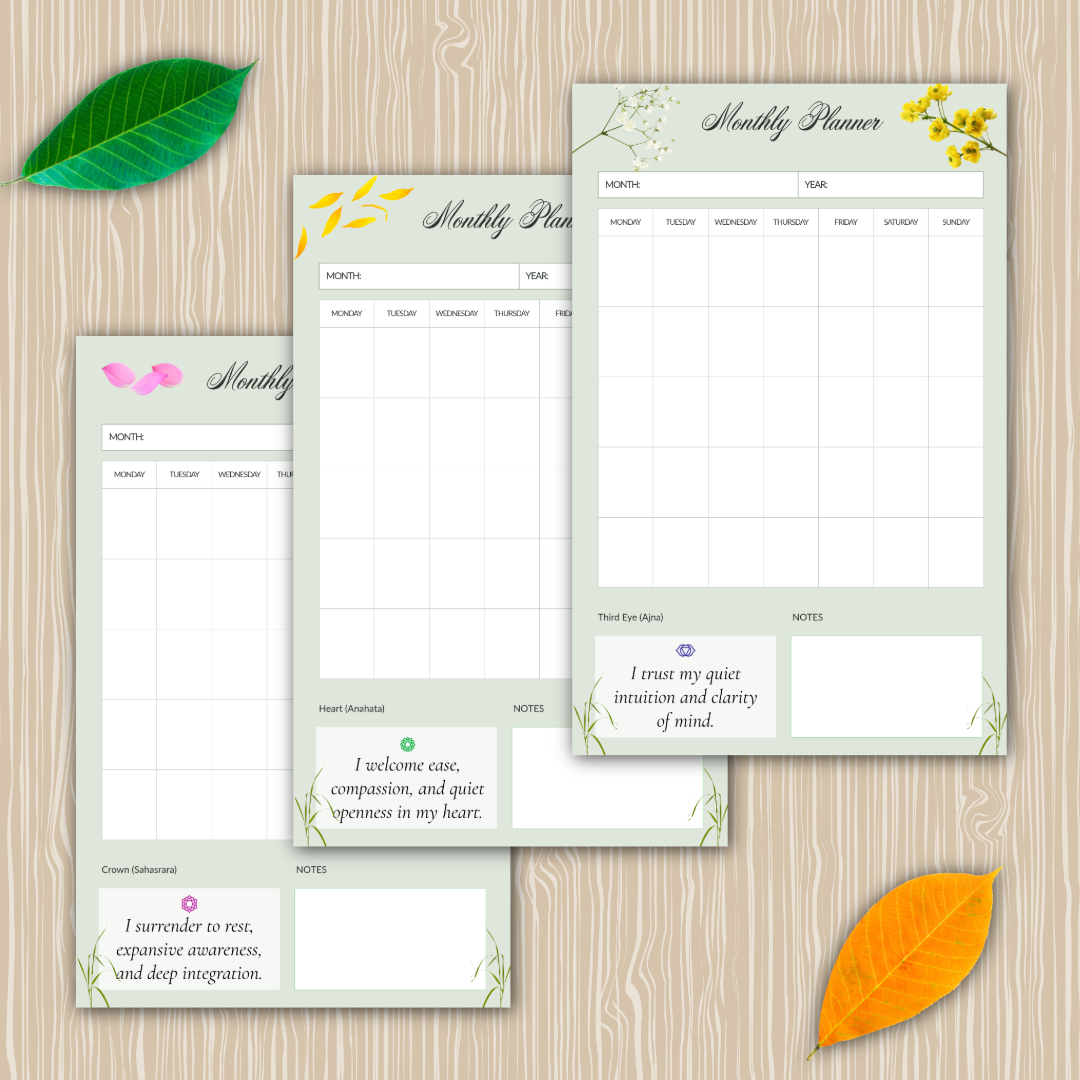 Undated 7-Chakra Monthly Planner Printable Collection | Soft Sage Botanical Dashboards (21 Half-Letter PDFs) - Image 2